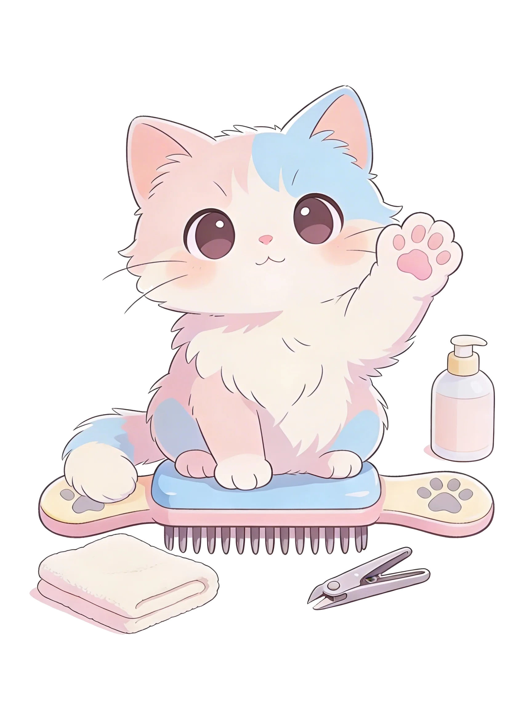 Cute cat with grooming supplies